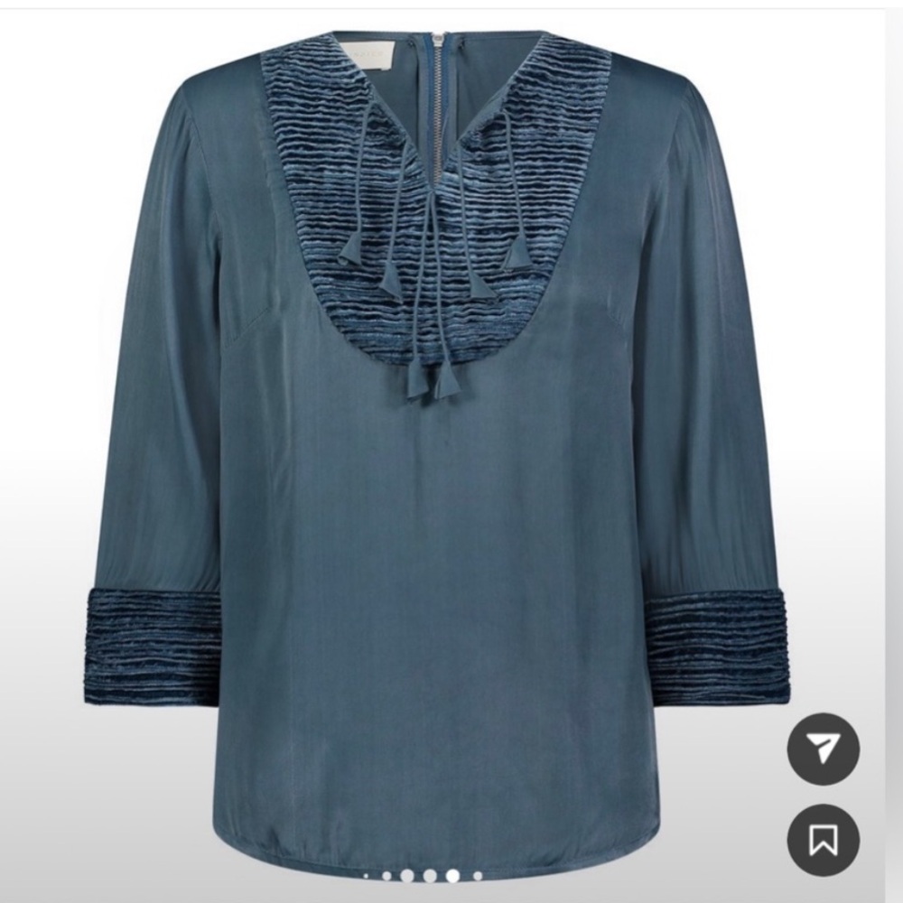 NWT Souk Indigo silk velvet Fez blouse teal tassel quarter length sleeve size xl